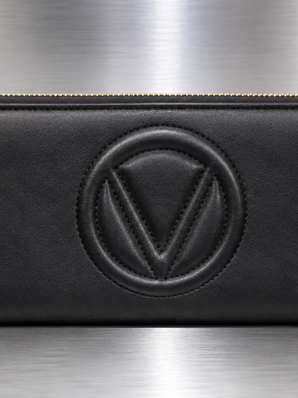 Mario Valentino Black V Logo Zip Around Wallet Gold Hardware NWOT